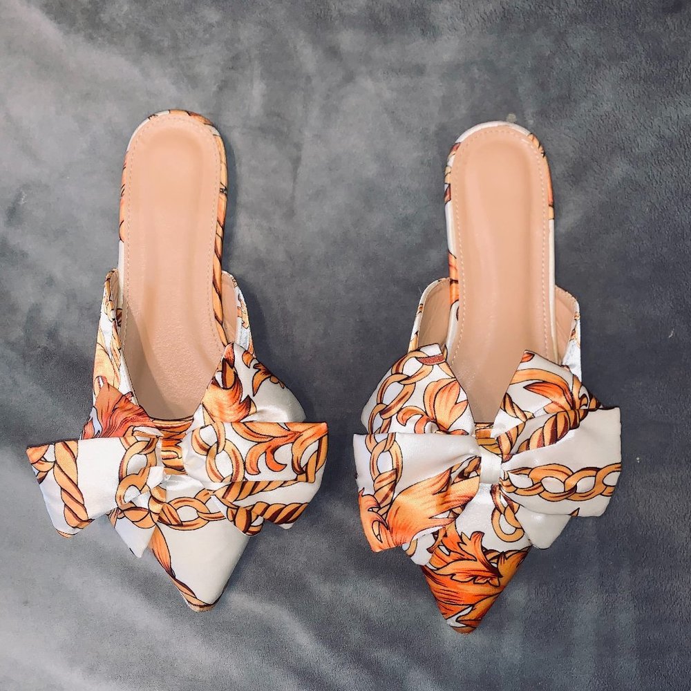 Versace Style Flats - White & Orange with a Gold Heel